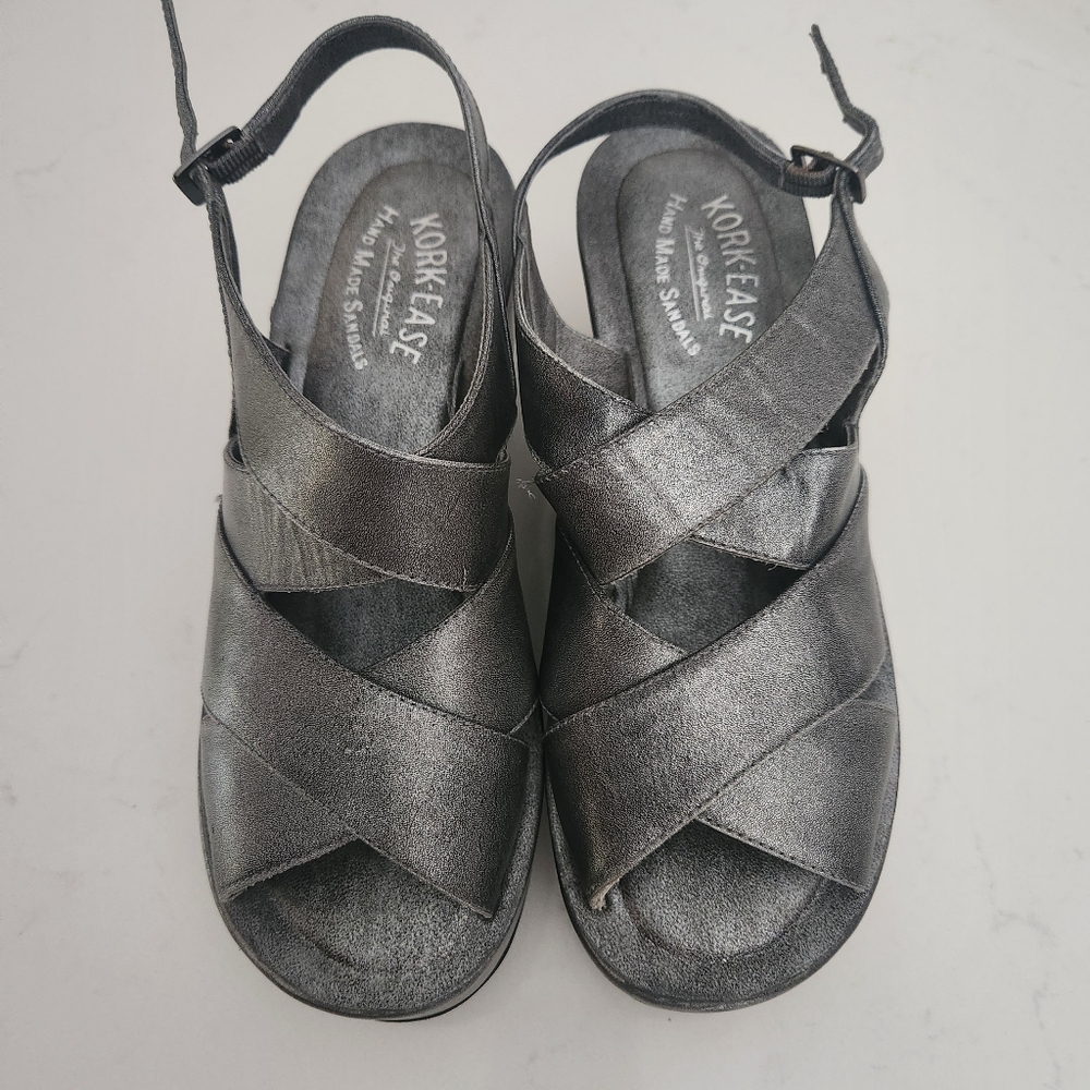 Kork-ease Allie Metallic Silver Handmade Wedge Platform Sandals 7 Brazil Leather - Picture 2 of 8